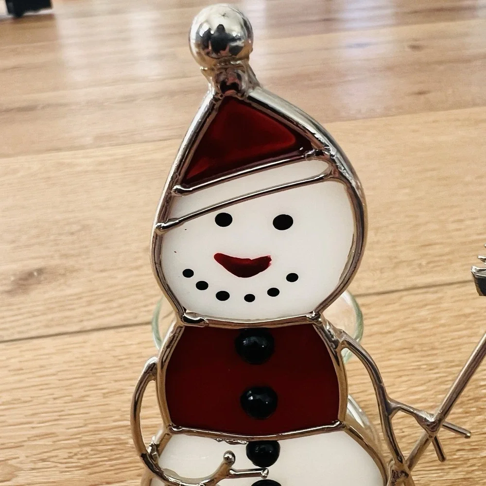 Vintage Snowman Leaded Stained‎ Glass Table Top Votive Candle Holder
